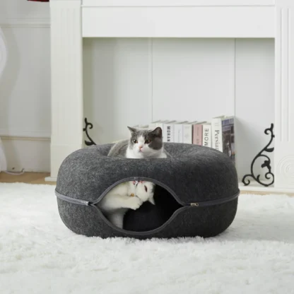 24-Inch Extra-Large Donut Cat Bed with Peekaboo Tunnel – Cozy, Washable Wool Felt Cave for Multiple Cats (Up to 30 lbs)